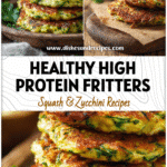 Lightly golden high protein zucchini fritters stacked on a rustic plate for clean eating.